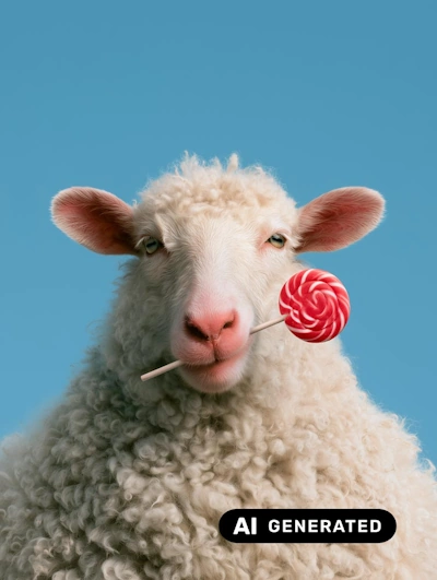 Versuch 1: fotorealistisches KI-Bild eines Schafs mit Lolli im Studiolicht