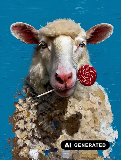 Versuch 4: gemaltes Schaf mit Lolli, Gesicht und Lolli noch fotonah gerendert