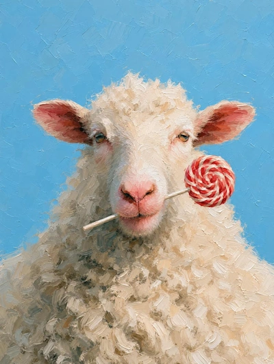 Versuch 5: durchgängig gemaltes Schaf mit Lolli, alle Details in sichtbaren Farbschlägen